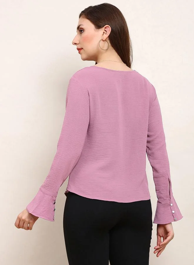globus Women Pink Cowl Neck Flared Sleeves Top